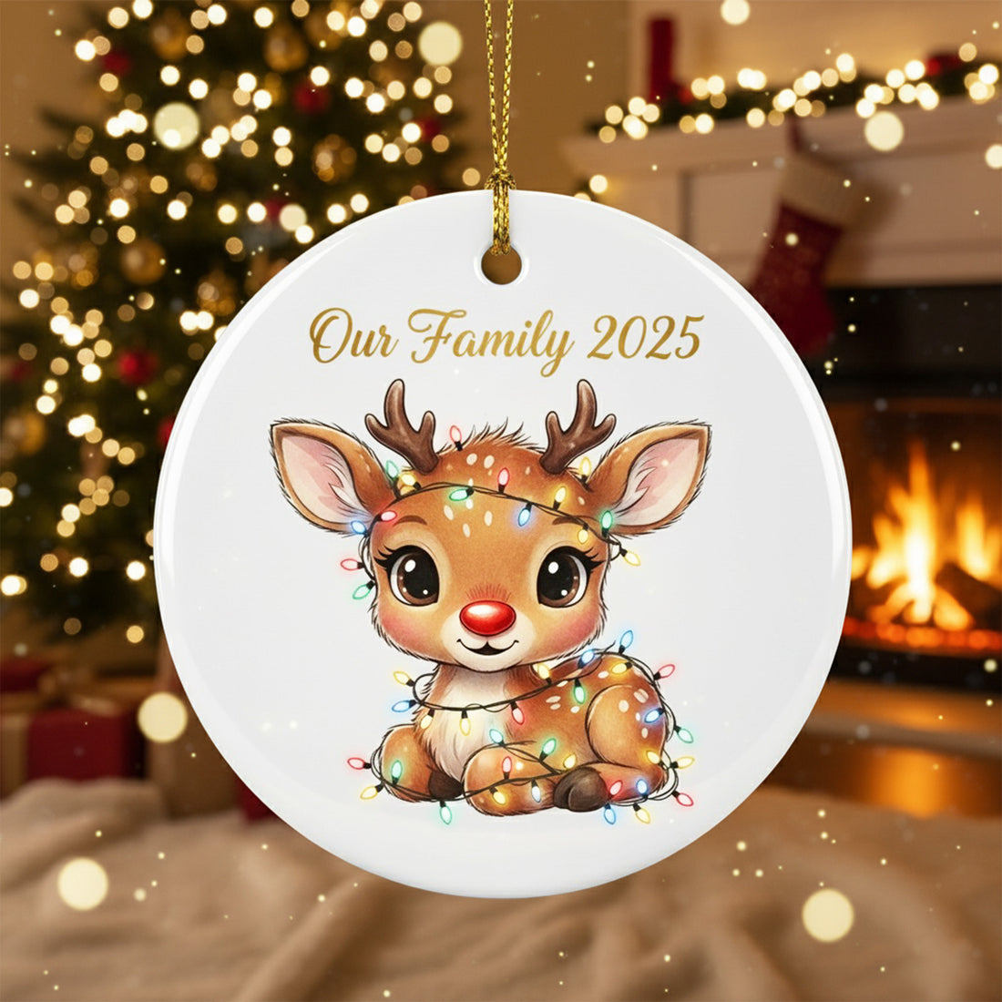 Personalized Reindeer Family Ornament 2025, Custom Ceramic Circle Christmas Ornament,  Family Holiday Giff | Ornament134