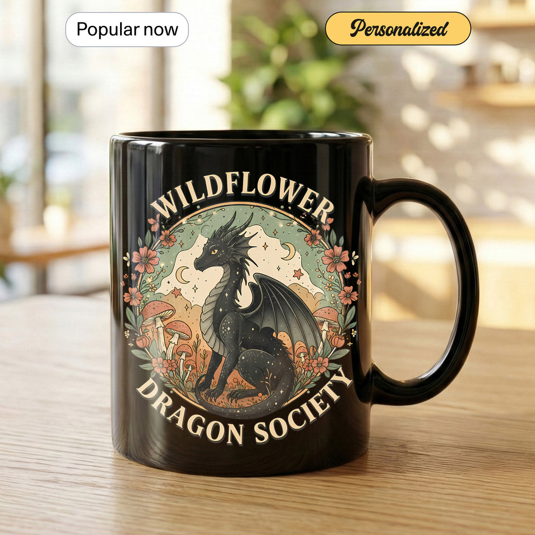 Wildflower Dragon Society Mug – Cottagecore Dragon Coffee Cup for Fantasy Lovers, Cute Black Dragon Gift for Readers & Gamers | Mug 131