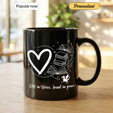Lost in Stories Found in Peace Mug – Book Lover Black Coffee Cup, Reading Gift for Readers, Writers & Bookworms| Mug 133