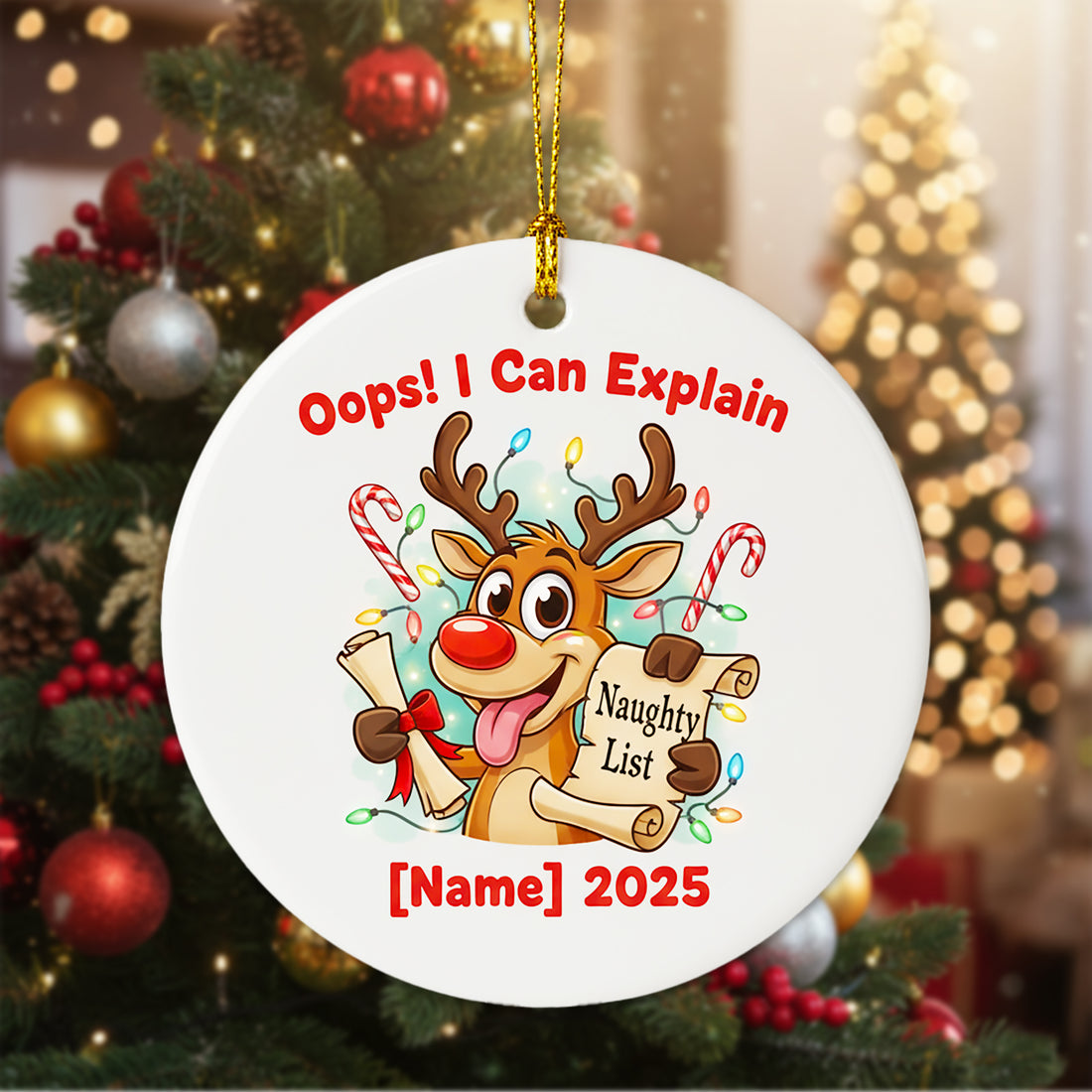 Oops I Can Explain Ornament, Funny Naughty List Ornament, Personalized Reindeer Christmas Ornament 2025, Custom Name Ornament | Ceramic153