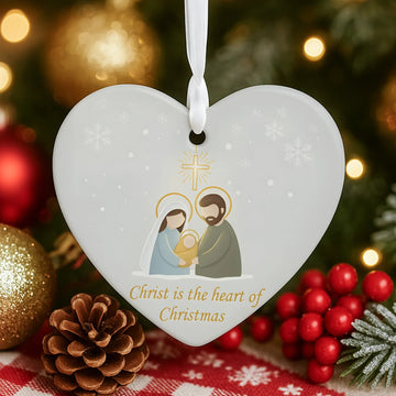 Christ Is the Heart of Christmas Ornament – Holy Family Heart Decoration, Christian Christmas Gift, Religious Holiday Decor|ONM02