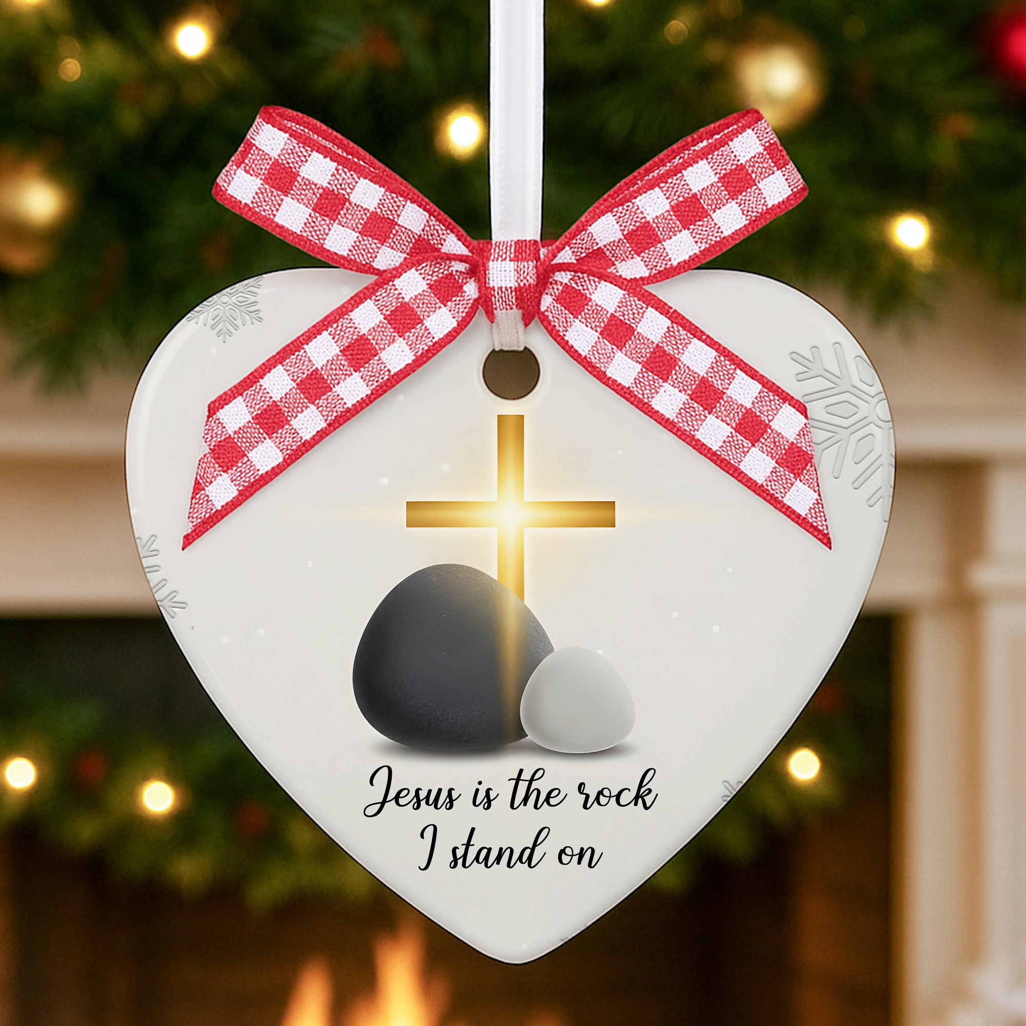 Jesus Is the Rock I Stand On Heart Ornament – Christian Ceramic Decoration, Religious Christmas Gift for Believers|ONM05