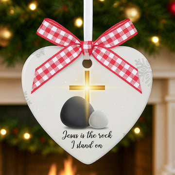 Jesus Is the Rock I Stand On Heart Ornament – Christian Ceramic Decoration, Religious Christmas Gift for Believers|ONM05