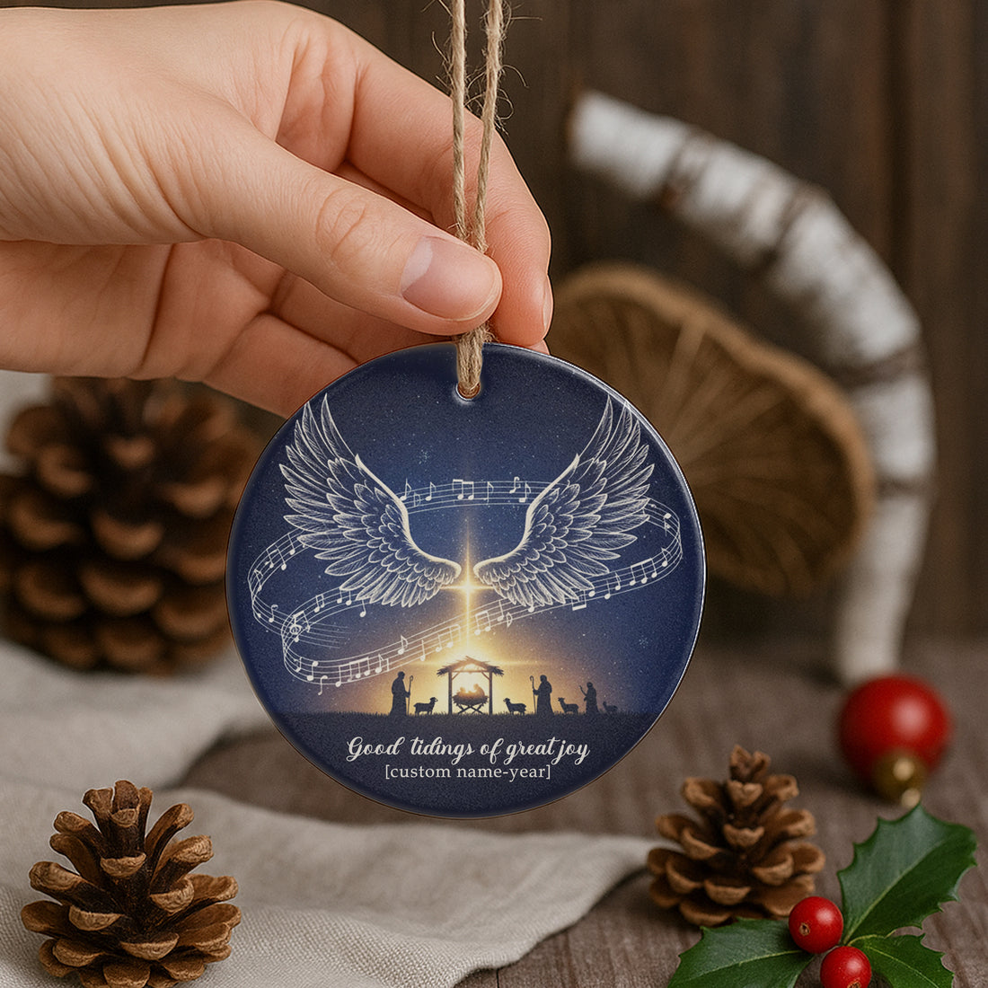 Personalized Christian Ornament – Good Tidings of Great Joy Nativity Scene, Custom Family Name Christmas Gift|ONM29