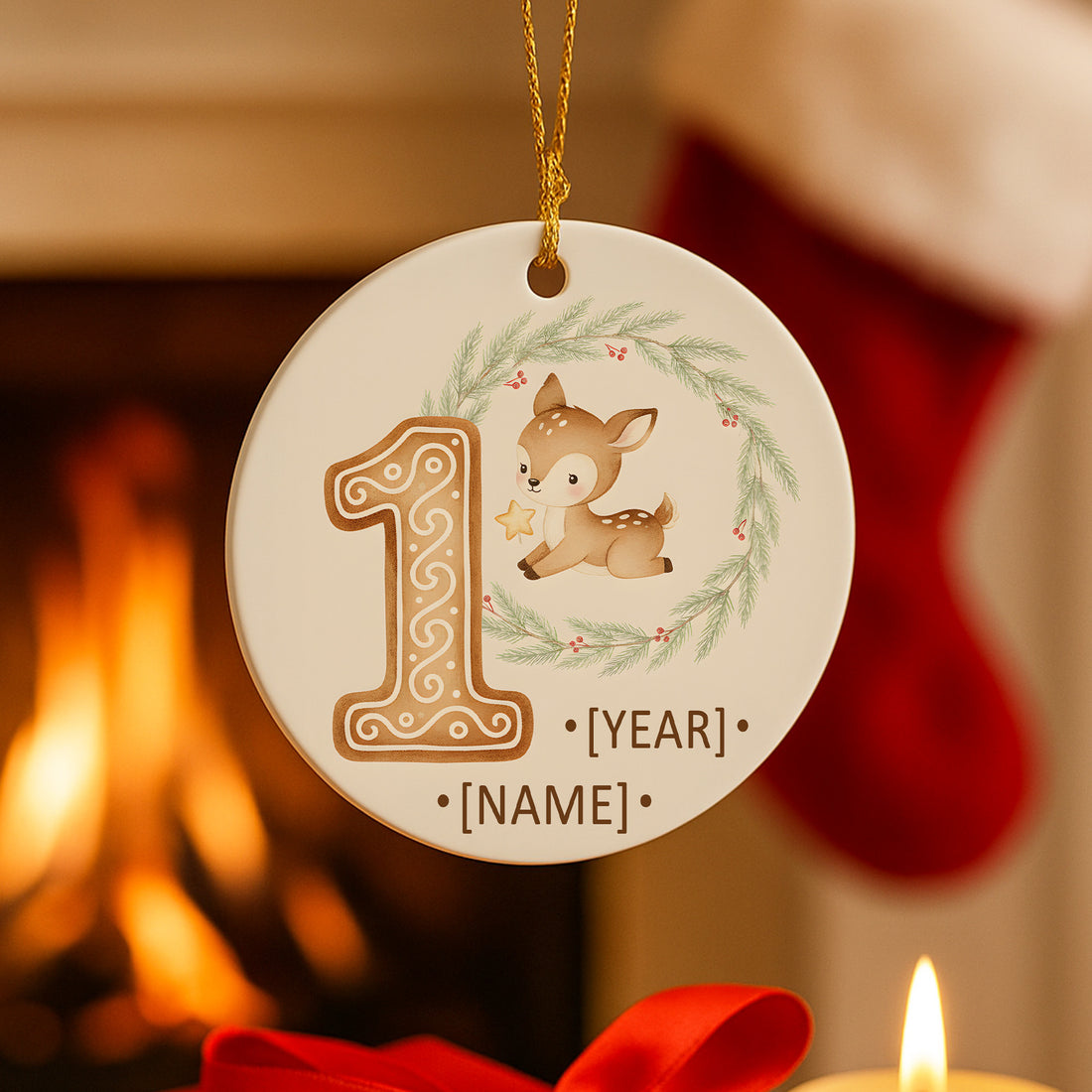 Baby’s First Christmas Ornament – Personalized Ceramic Ornament with Name & Year | Custom Deer Keepsake Gift for Newborn|ONM63