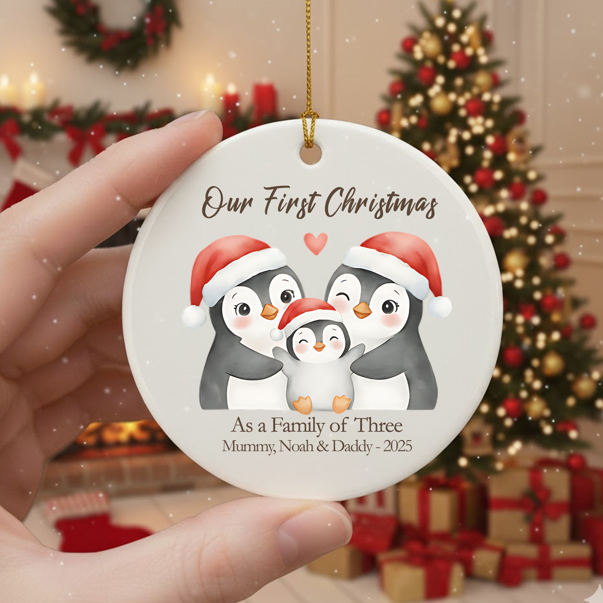 Personalized Family Ornament 2025, Our First Christmas Penguin Ornament, Family of Three Keepsake, New Parents Gift, Cute Holiday Decor|ONM76