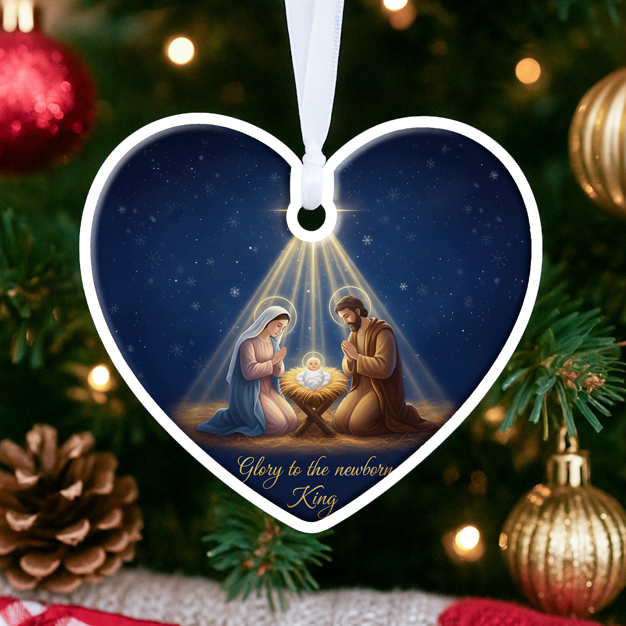 Glory to the Newborn King Ornament – Heart Shaped Nativity Scene, Holy Family Christmas Decoration, Christian Holiday Gift|ONM03