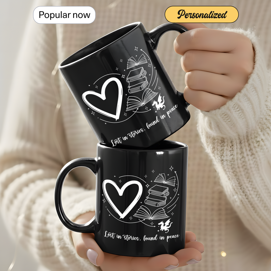 Lost in Stories Found in Peace Mug – Book Lover Black Coffee Cup, Reading Gift for Readers, Writers & Bookworms| Mug 133