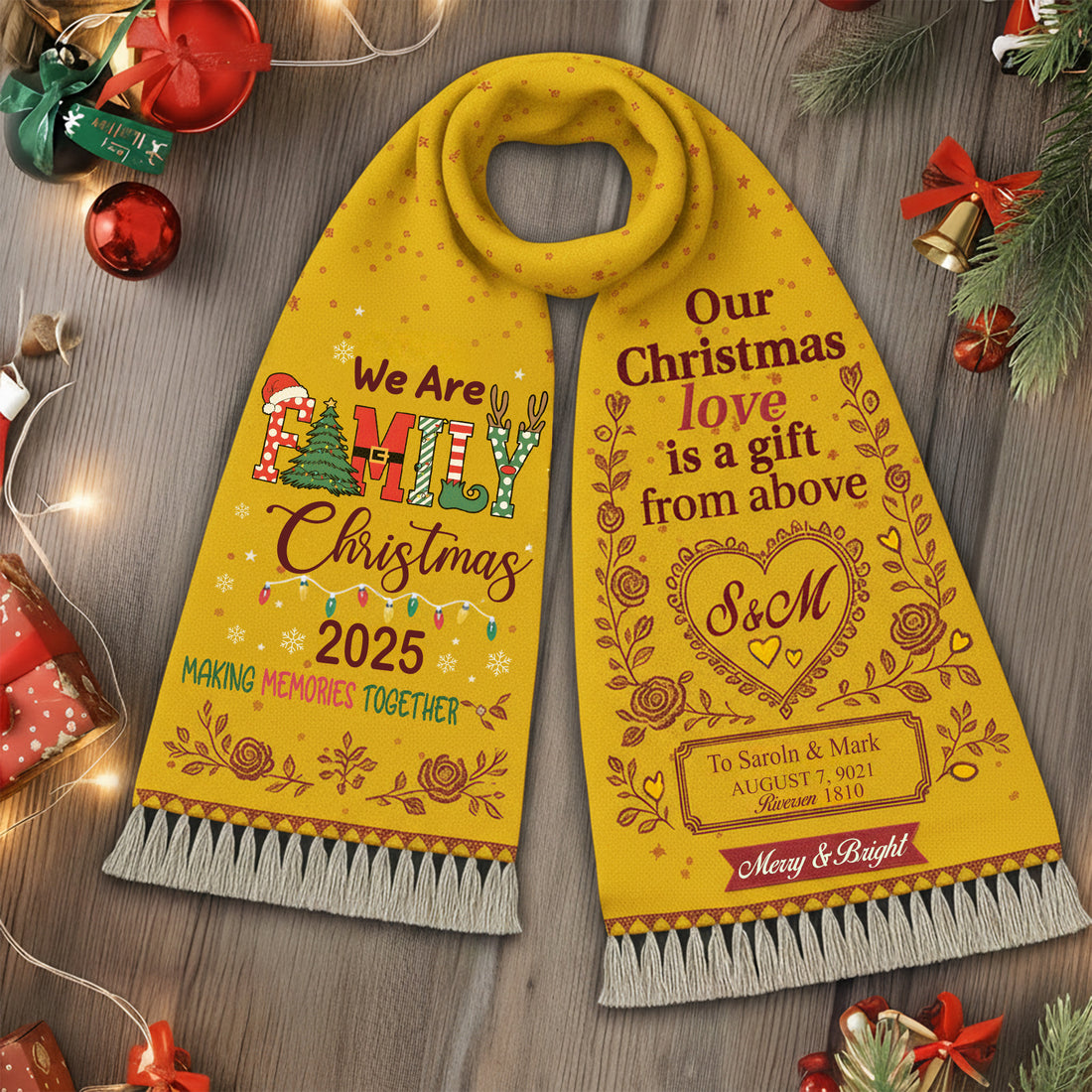 Personalized Family Christmas Scarf 2025 | Custom Knitted Family Name Winter Scarf | Unique Couple Christmas Gift for Saroin & Mark|SCR05