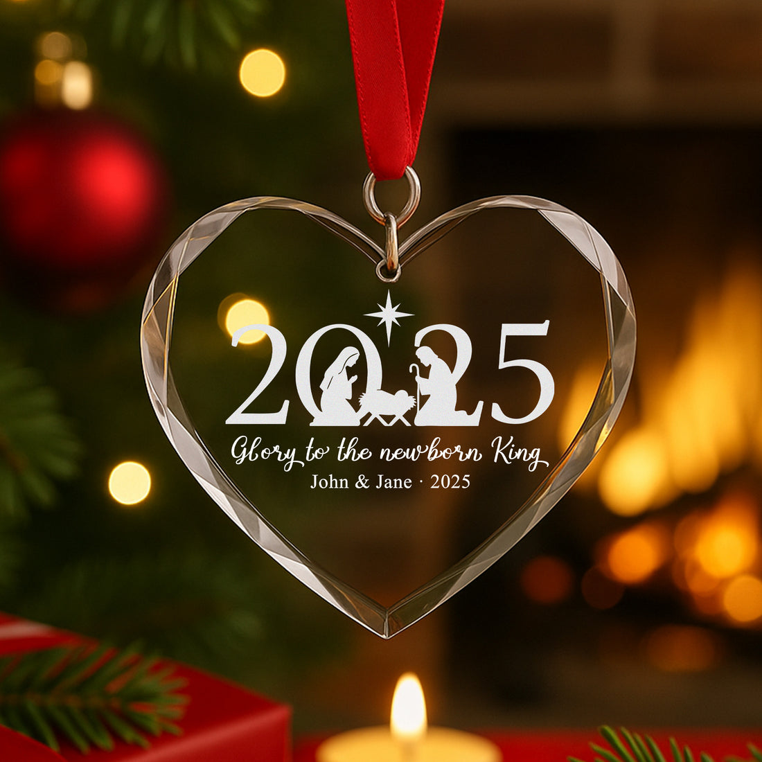 Nativity Scene Glass Heart Ornament 2025 – Christian Christmas Decoration | Glory to the Newborn King Religious Gift for Faith & Family|ONM58