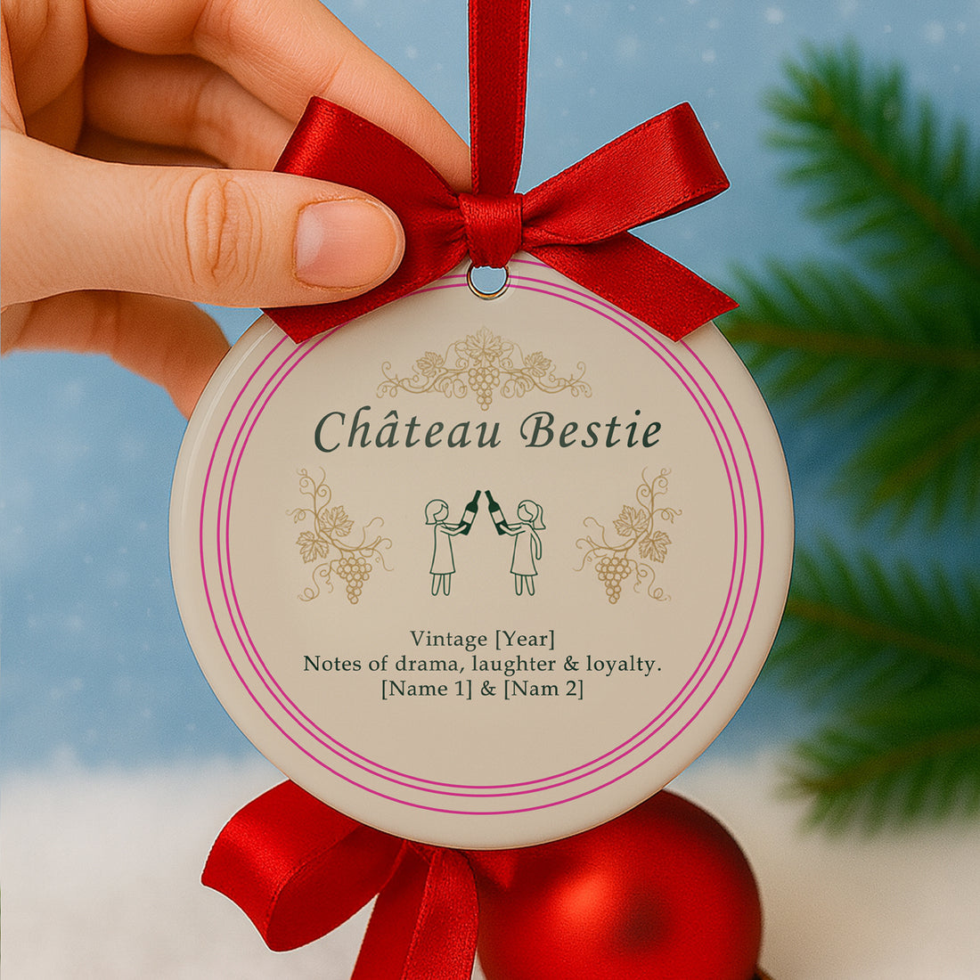 Best Friend Ornament Château Bestie – Personalized Wine Gift for Her – Funny Friendship Ornament with Names 2025|ONM50
