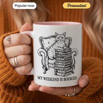 Funny Cat Reading Mug – “My Weekend Is Booked” Coffee Cup | Cute Book Lover Gift for Readers, Bookworms & Cat Owners| Mug 135