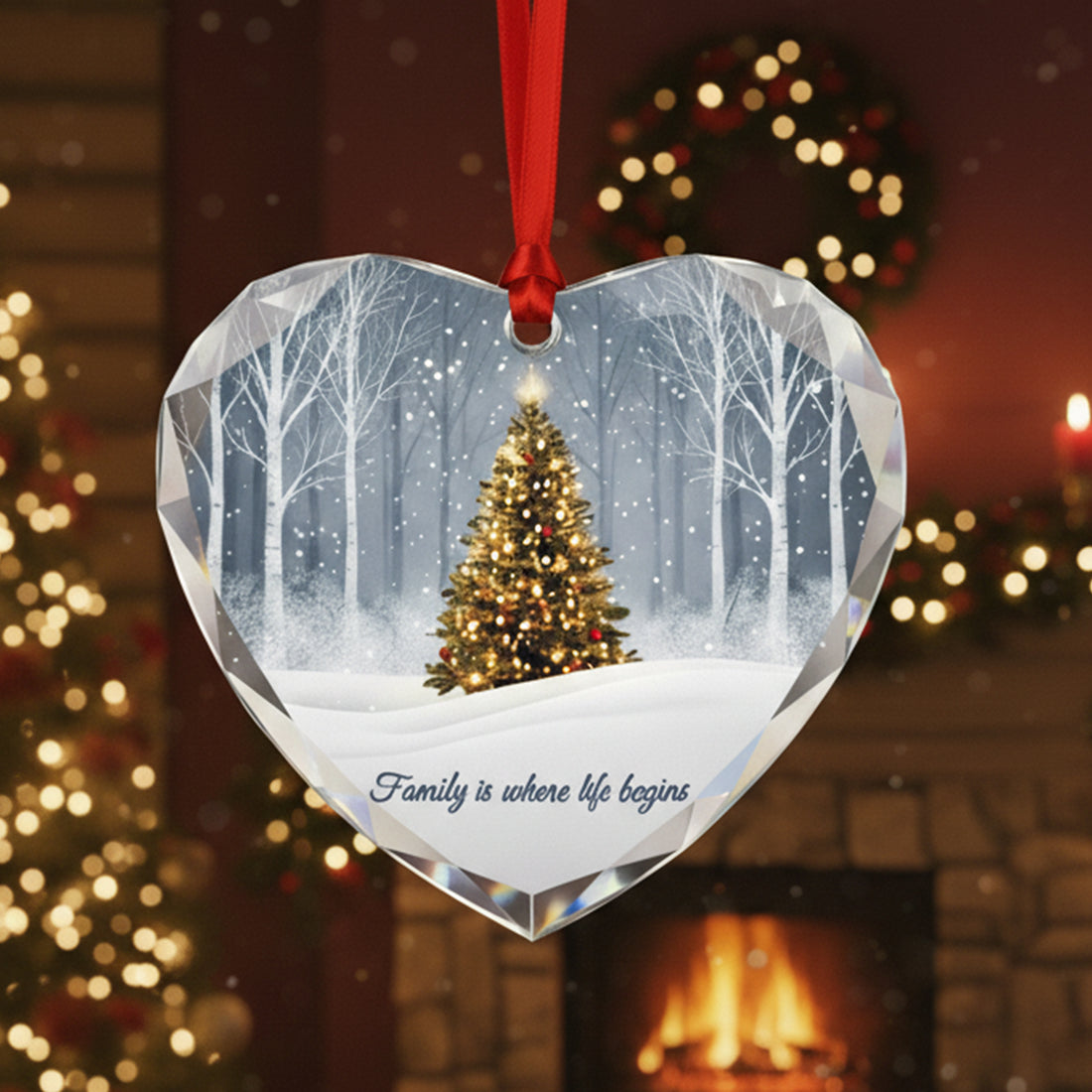 Family Glass Heart Ornament, Christmas Tree Ornament, Family Is Where Life Begins, Glass Heart Keepsake, Holiday Home Decoration|ONM92