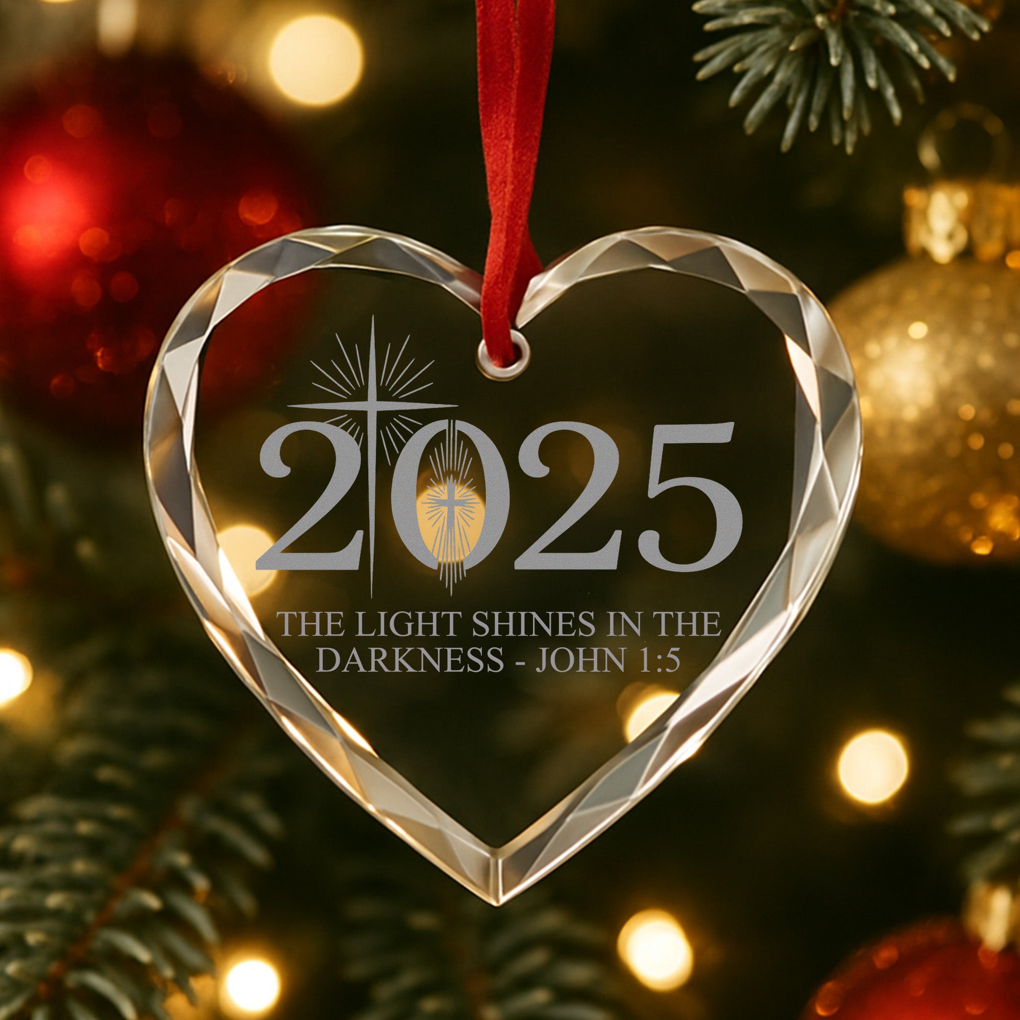 Christian Christmas Ornament 2025 Heart Shape – The Light Shines in the Darkness John 1:5 – Religious Crystal Ornament Gift|ONM49