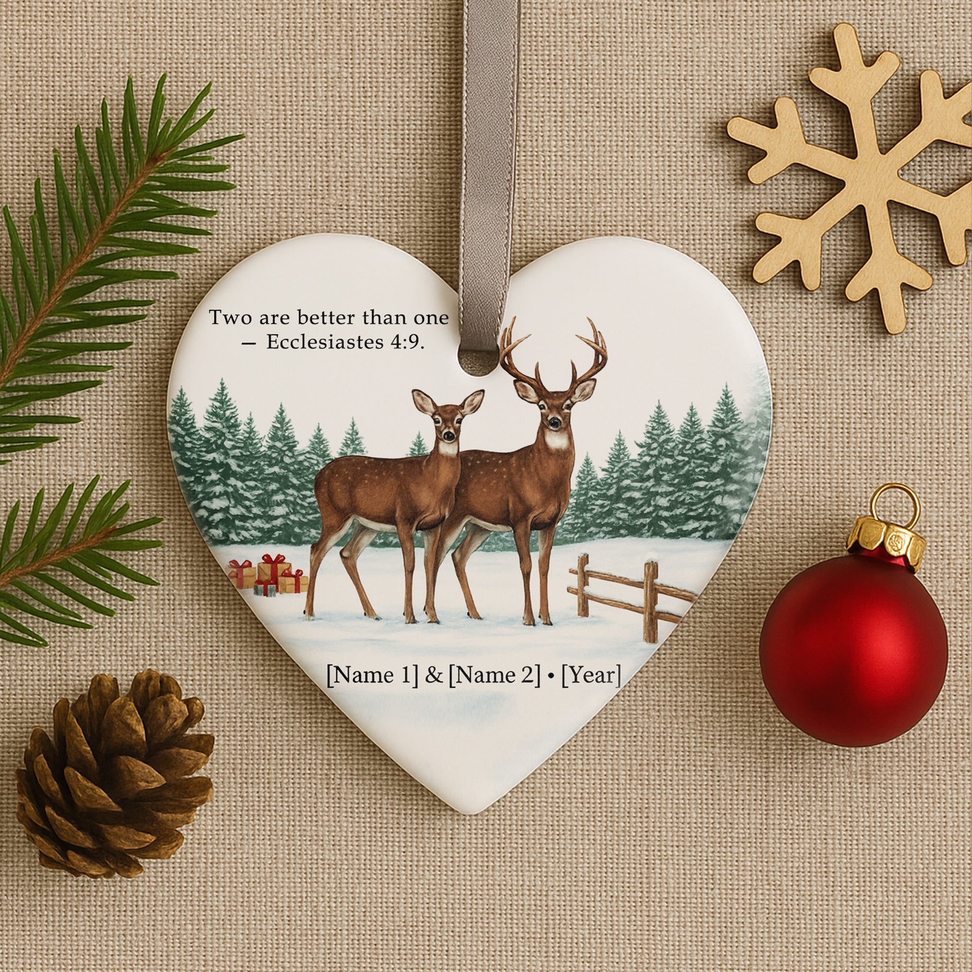 Personalized Deer Couple Christmas Ornament, Custom Heart Ornament with Names & Year, Christian Scripture Ornament, Holiday Family Keepsake Gift|ONM19