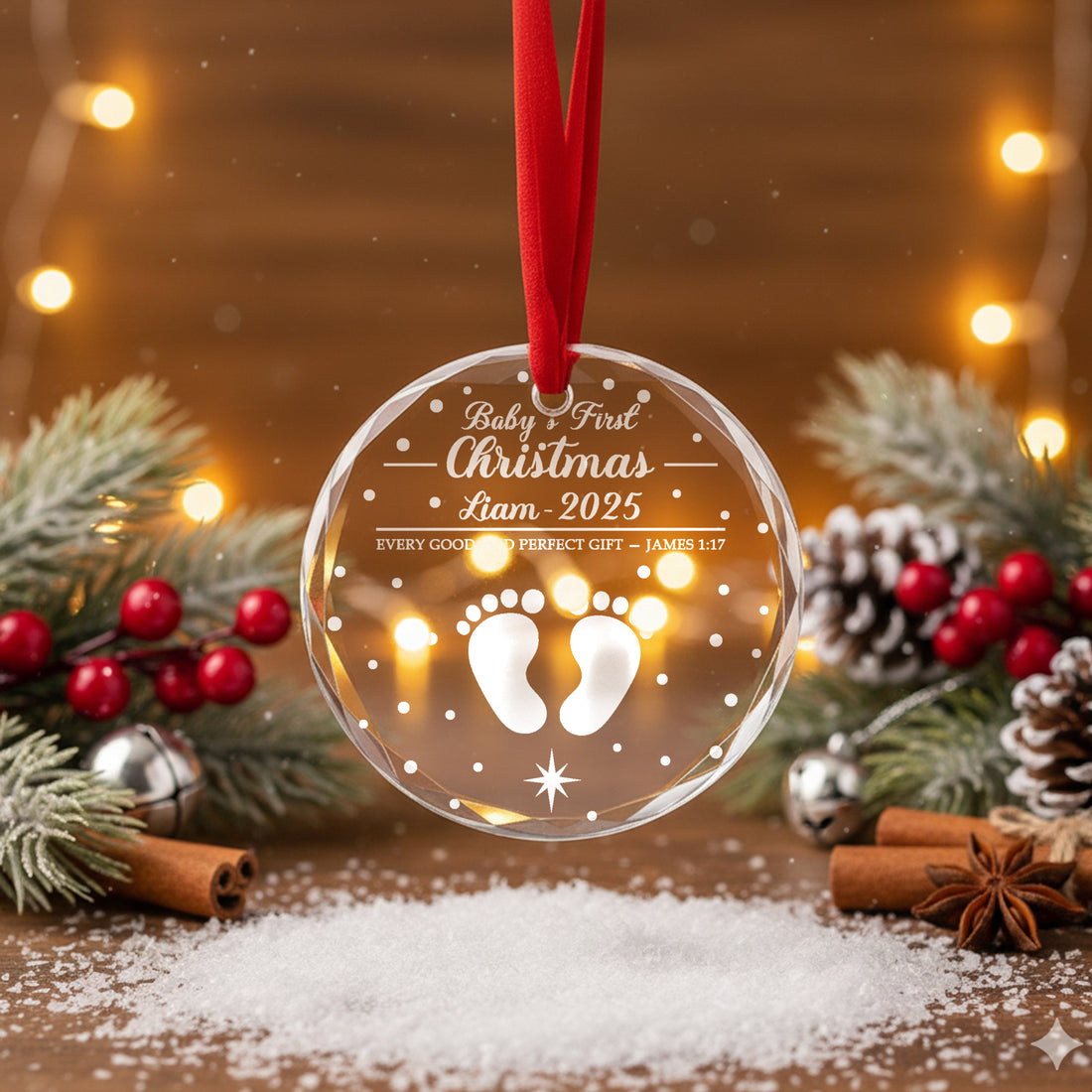Baby’s First Christmas Ornament 2025 – Custom Name Newborn Keepsake in Glass or Acrylic|ONM21