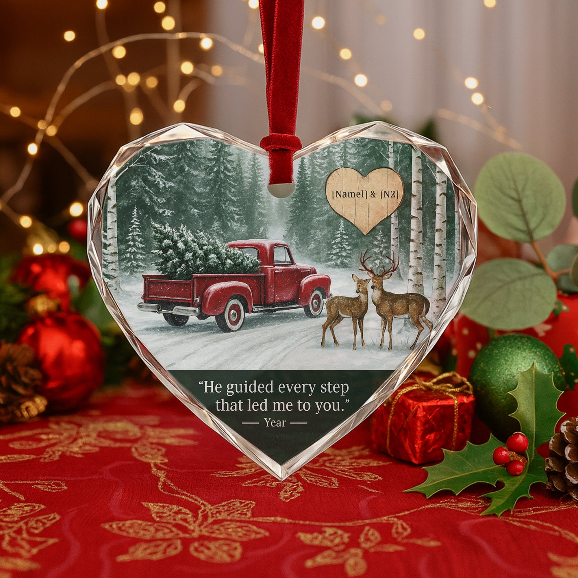 Personalized Heart Ornament for Couple – Red Truck Christmas Gift|ONM43