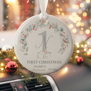 Personalized First Christmas Ornament – Custom Name & Year, Cute Bunny & Floral Wreath, Christmas gift ideas|ONM71