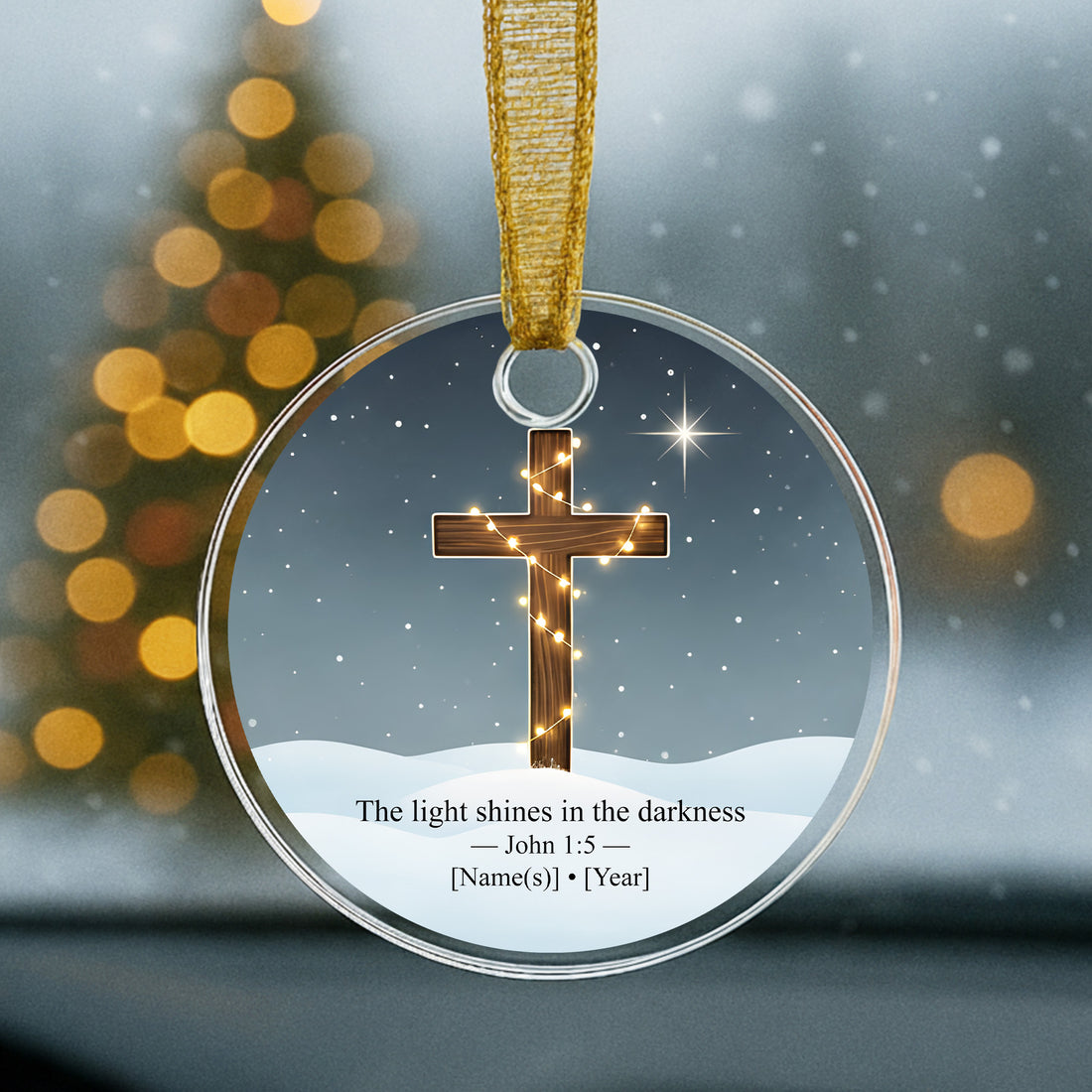 Personalized Christian Acrylic Ornament - Custom Name & Year Cross Christmas Decoration, John 1:5 The Light Shines in the Darkness Gift|ONM20