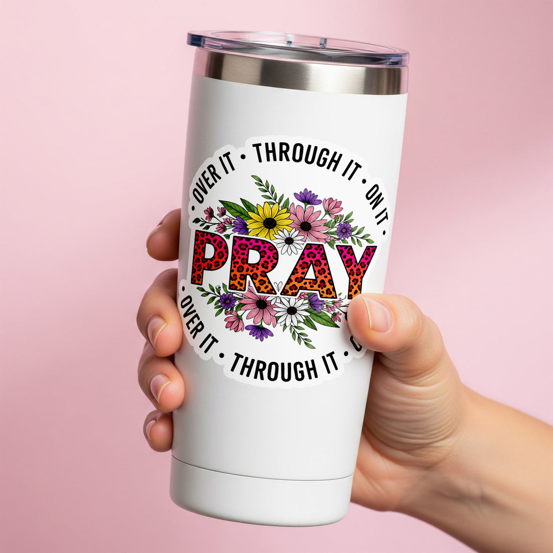 STK131 Christian Pray Sticker – Leopard Print Floral Vinyl Decal, Faith Quote Waterproof for Laptop and Hydro Flask