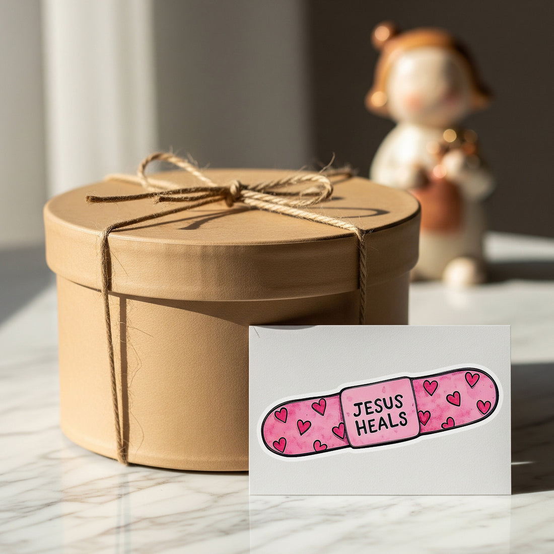 STK01 Jesus Heals Sticker – Cute Christian Bandage Decal – Faith-Based Pink Heart Vinyl Sticker – Inspirational Waterproof Sticker for Laptop, Journal, or Gift