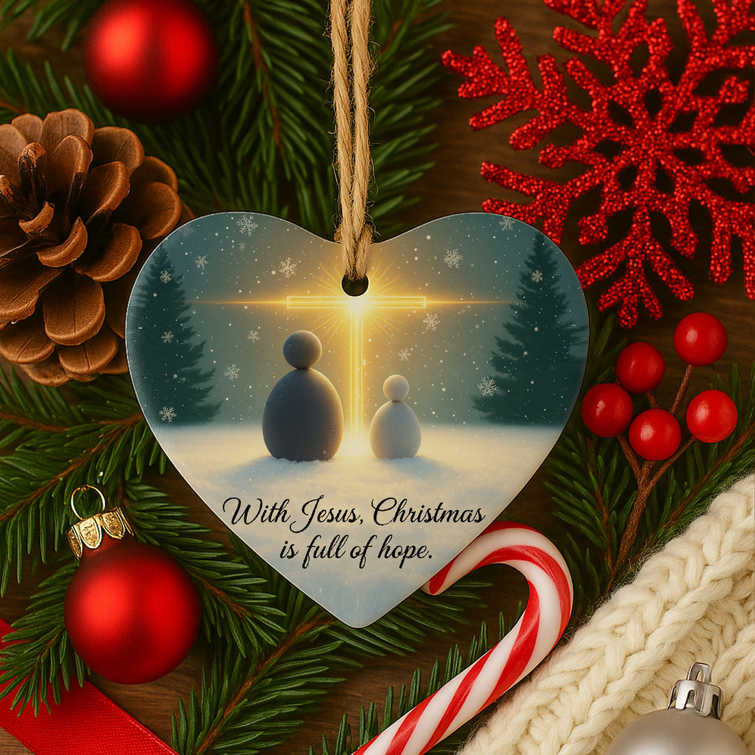 With Jesus Christmas Ornament – Heart Shaped Christian Decoration, Faith Hope Holiday Gift, Religious Ceramic Ornament|ONM09