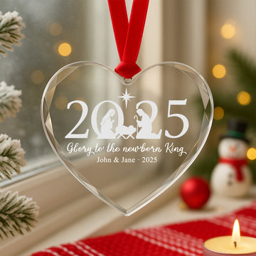 Nativity Scene Glass Heart Ornament 2025 – Christian Christmas Decoration | Glory to the Newborn King Religious Gift for Faith & Family|ONM58