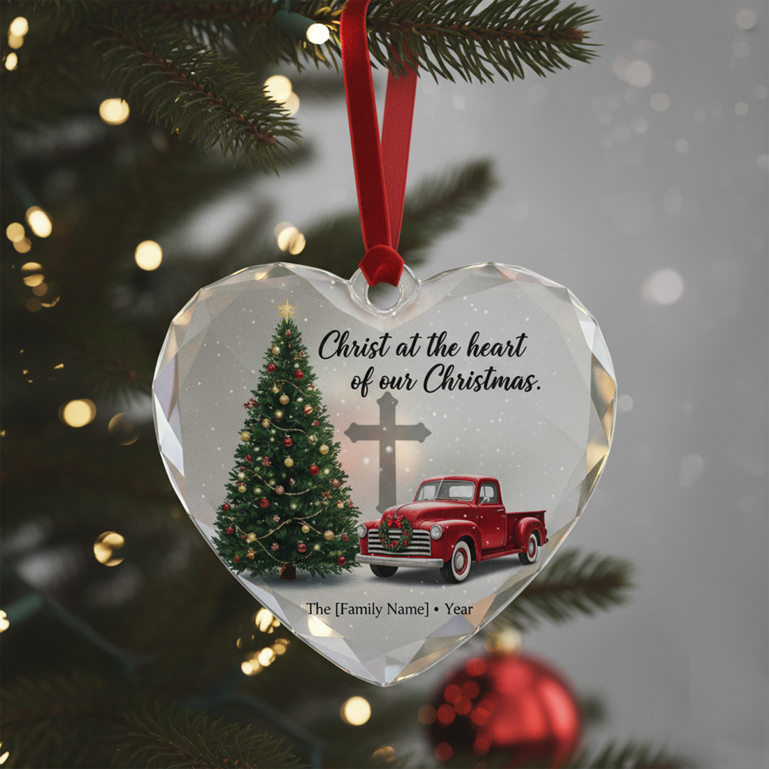 Personalized Christian Christmas Ornament, Christ at the Heart Glass Ornament, Family Name Red Truck Holiday Keepsake|ONM82