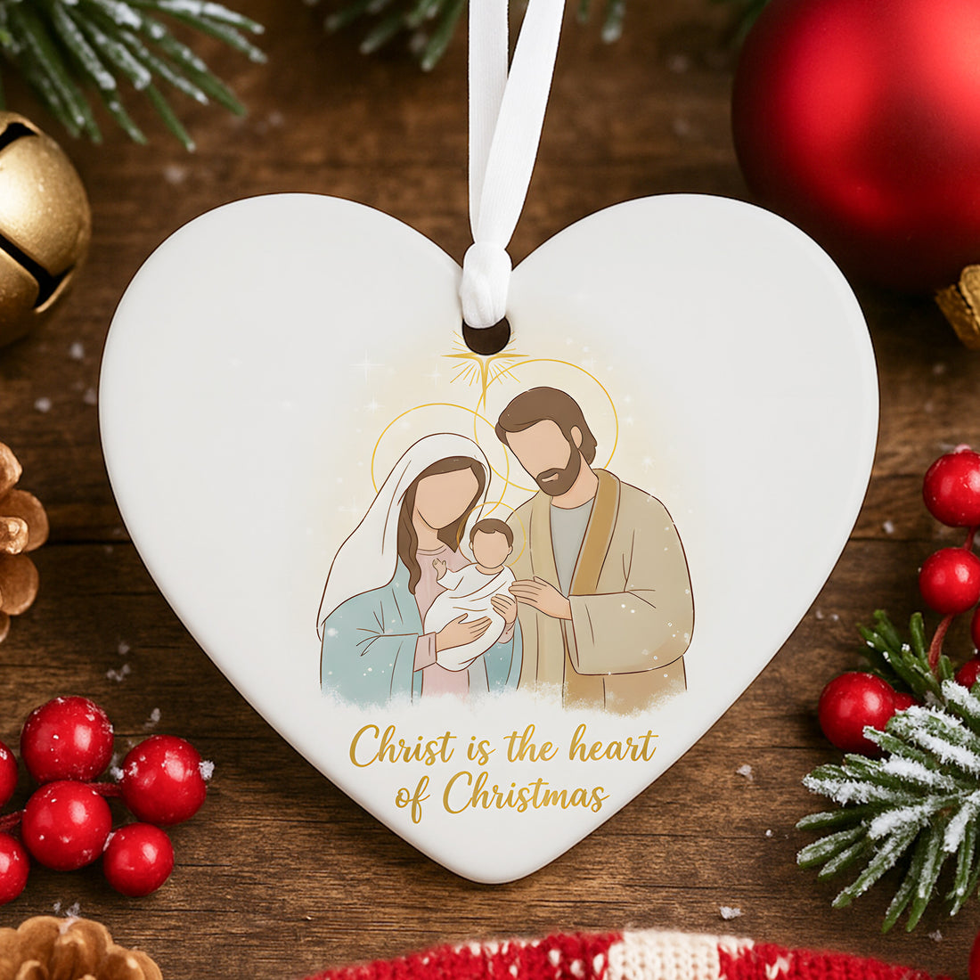 Christ Is the Heart of Christmas Ornament, Holy Family Nativity Heart Ceramic Decor, Christian Christmas Ornament, Religious Gift Idea|ONM10