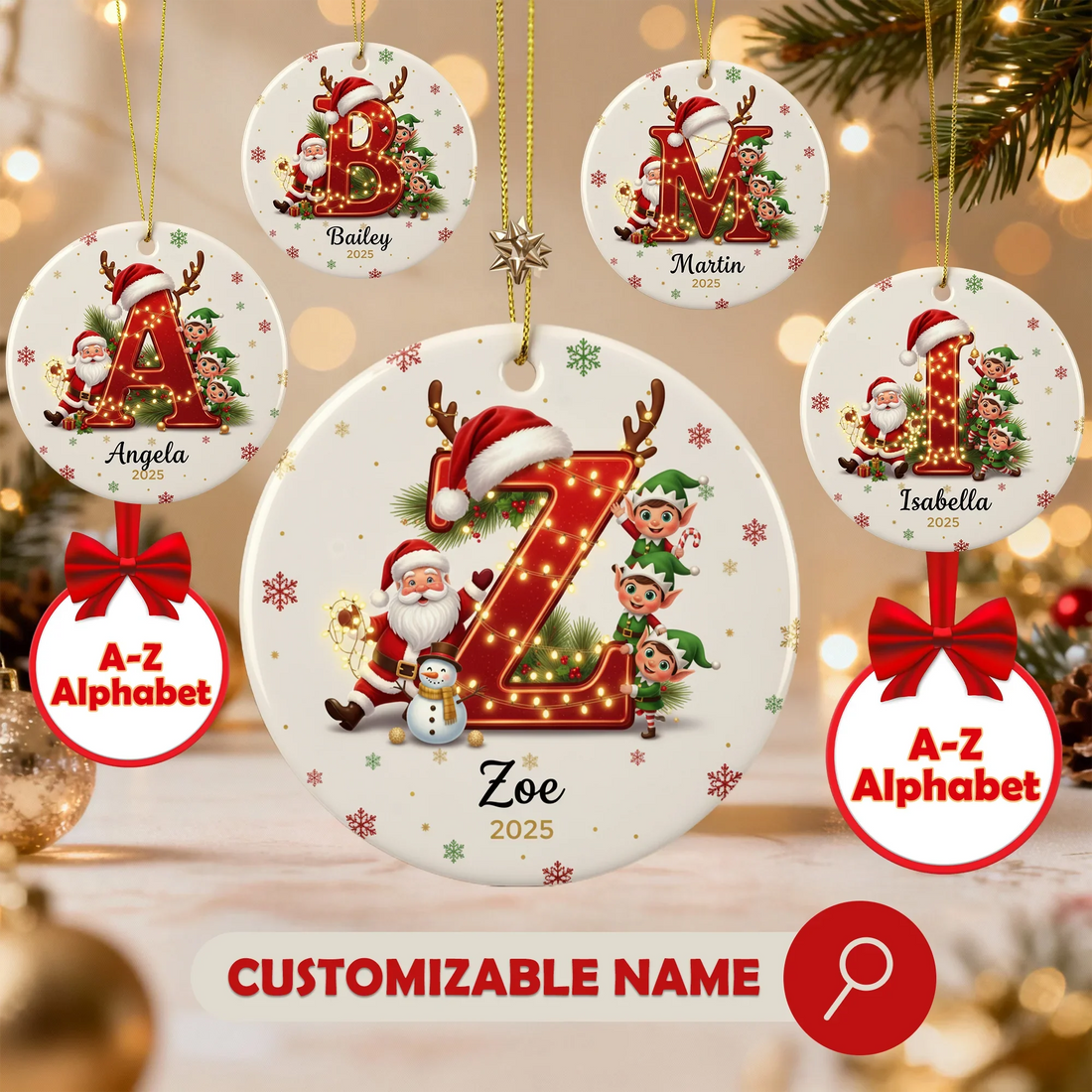Personalized Christmas Ornament 2025 Santa & Elf Letter A-Z Ornament Custom Name – personalized Christian ornament – Circle