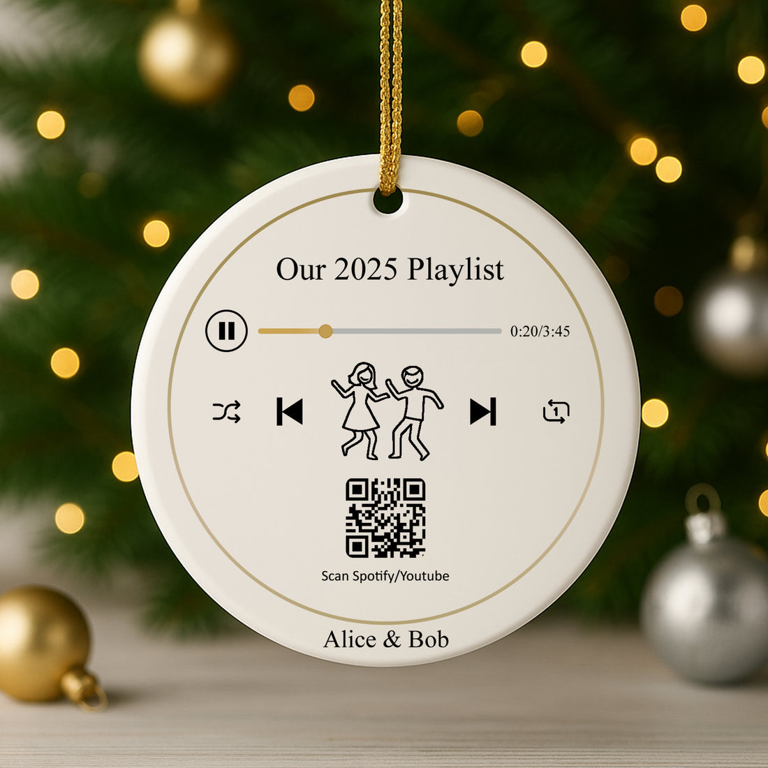 Personalized Playlist Ceramic Ornament 2025 – QR Spotify/YouTube, Custom Name | Christmas Tree Decoration & Couple Gift|ONM60