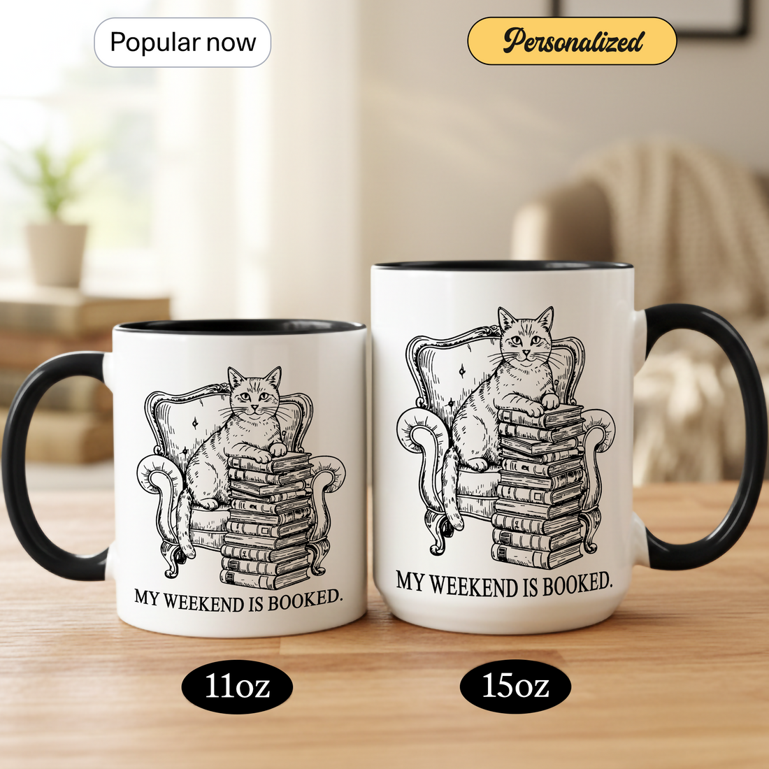 Funny Cat Reading Mug – “My Weekend Is Booked” Coffee Cup | Cute Book Lover Gift for Readers, Bookworms & Cat Owners| Mug 135