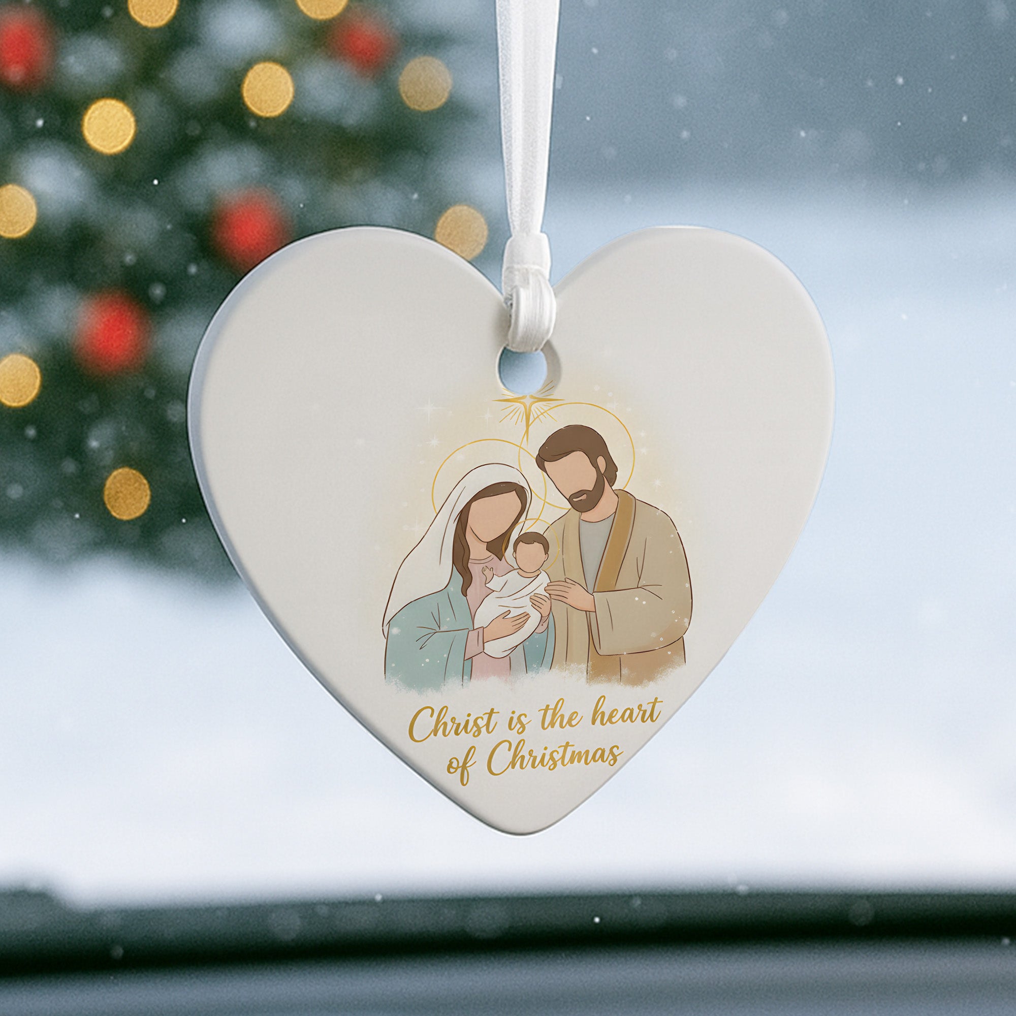 Christ Is the Heart of Christmas Ornament, Holy Family Nativity Heart Ceramic Decor, Christian Christmas Ornament, Religious Gift Idea|ONM10