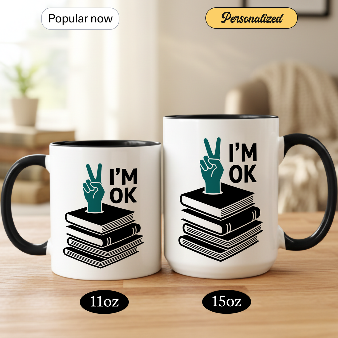 I’m OK Bookish Reading Mug – Funny Literary Coffee Cup, Gift for Book Lovers, Bookworm Humor Mug, Peace Hand Sign Design| Mug 147