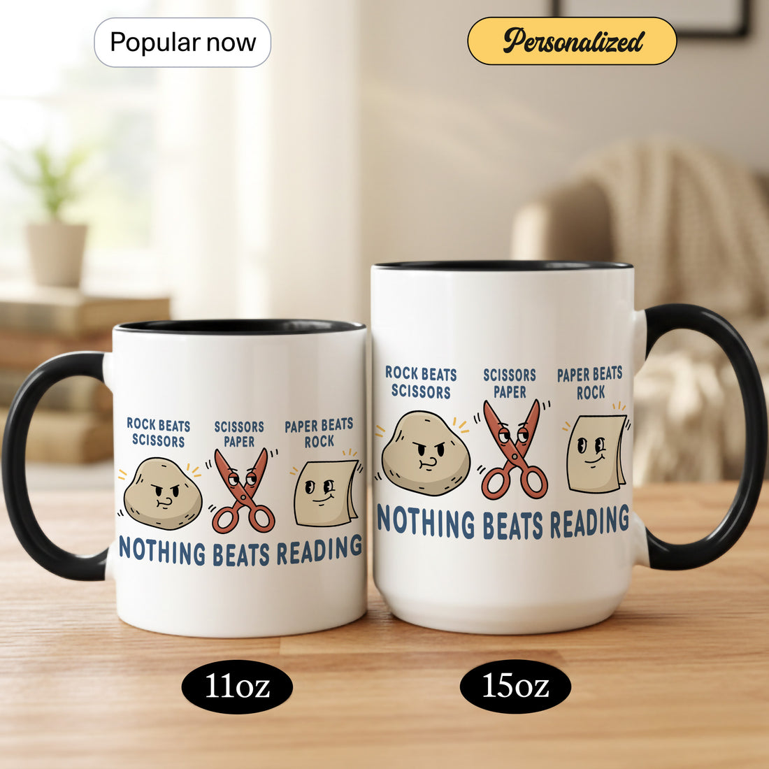 Nothing Beats Reading Coffee Mug | Cute Rock Paper Scissors Characters | Fun Book Lover Gift for Readers & Bookworms| Mug 5