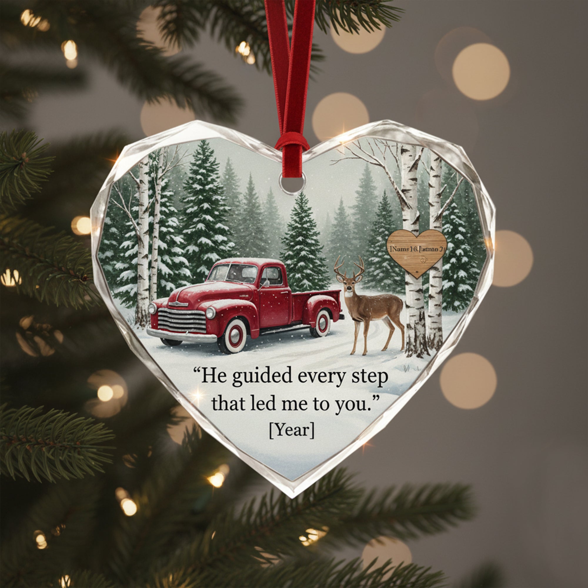 He Guided Every Step Ornament | Personalized Heart Ornament with Red Truck & Deer – Faith and Love Gift|ONM40