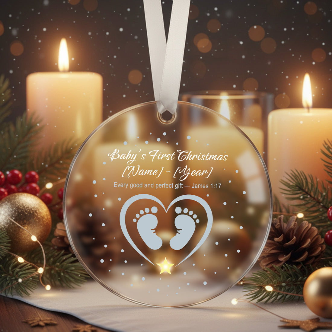 Baby’s First Christmas Ornament | Personalized Acrylic or Glass Keepsake with Bible Verse James 1:17|ONM39