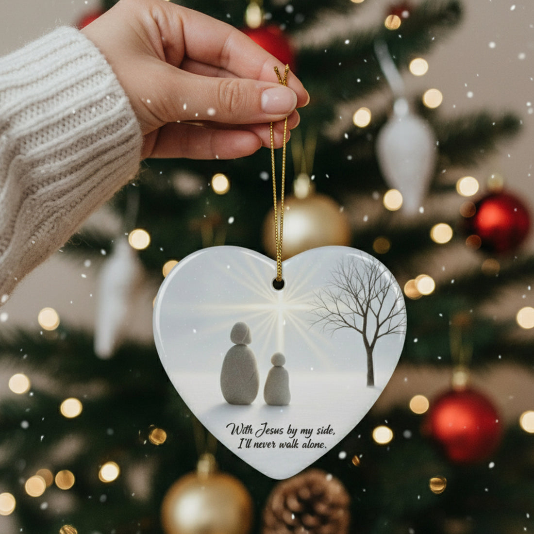 With Jesus by My Side Ornament – Heart Shaped Christian Christmas Decoration, Faith Gift for Believers, Religious Home decor|ONM08
