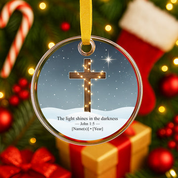 Personalized Christian Acrylic Ornament - Custom Name & Year Cross Christmas Decoration, John 1:5 The Light Shines in the Darkness Gift|ONM20