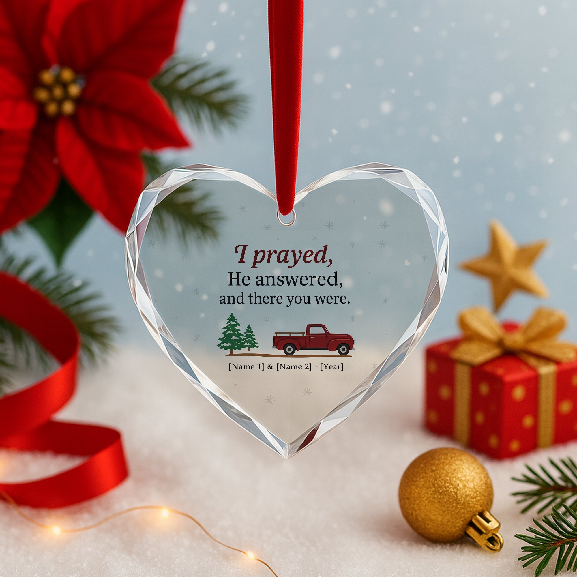 Personalized Heart Ornament – I Prayed He Answered, Christian Couple Gift, Red Truck Christmas Decoration|ONM45