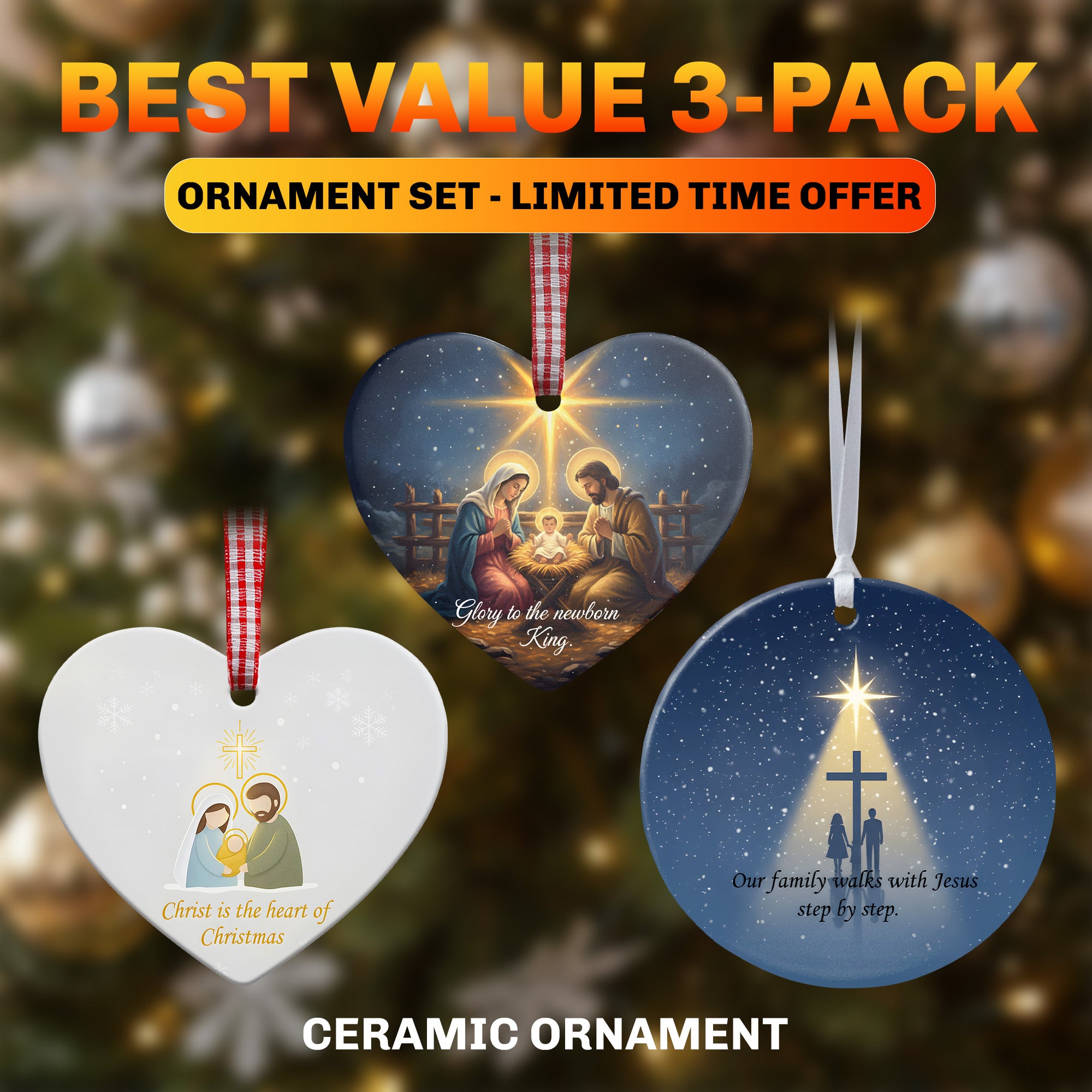 Faith Christmas Ornament Set of 3, Christian Nativity Ceramic Decor, Religious Xmas Tree Ornament, Gift for Believers and Family|ONMCB01