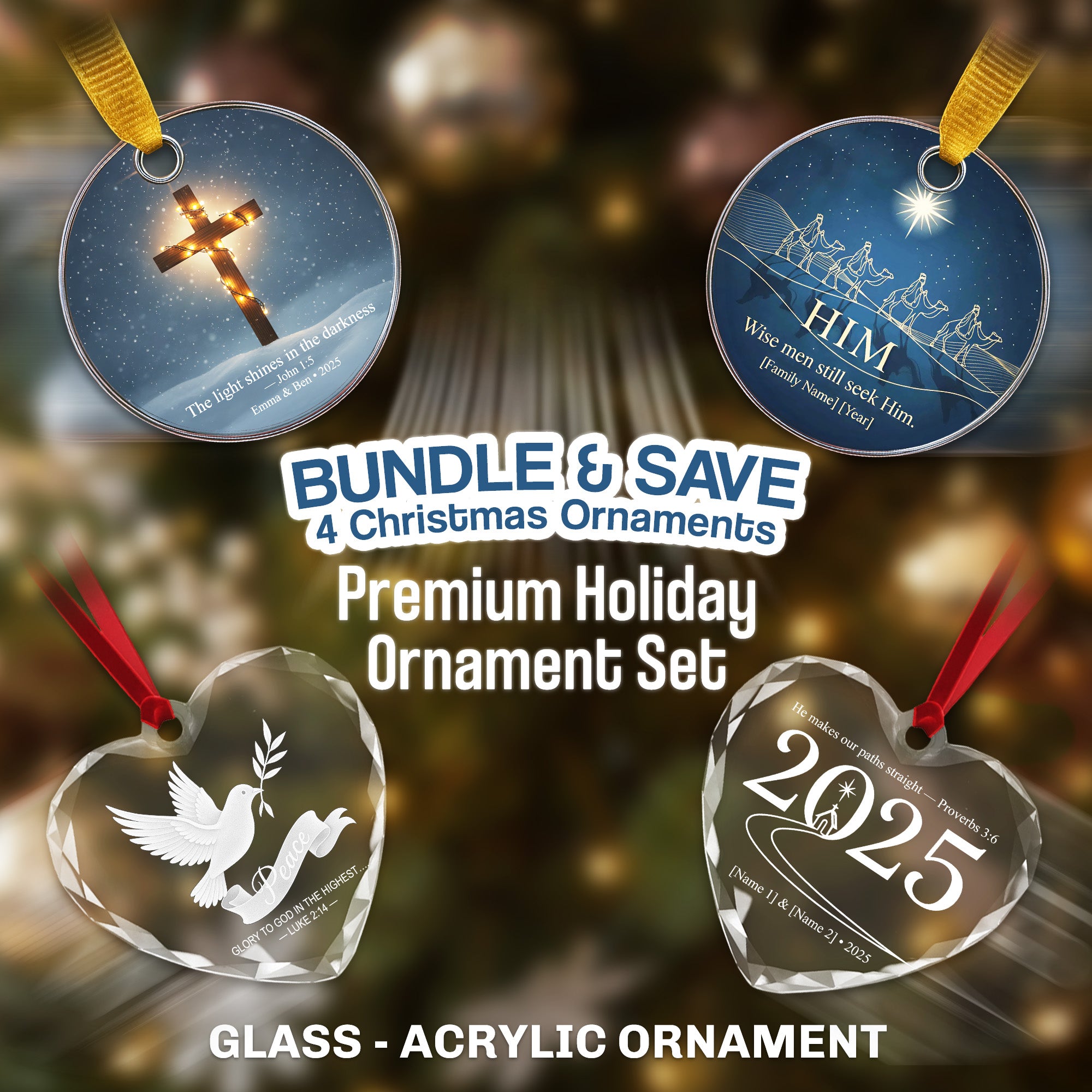 Christmas Ornament Set of 4 | Glass & Acrylic Ornaments | Cross, Dove, Nativity, Star Design | Premium Holiday Tree Decoration Gift|ONMCB12