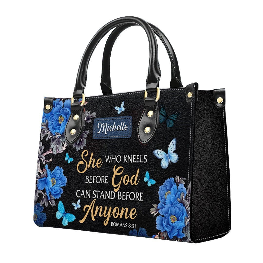 Christianartbag Handbags She Who Kneels Before God Romans 8 31 Handbag Design Monogram – Christian apparel for women – Leathe