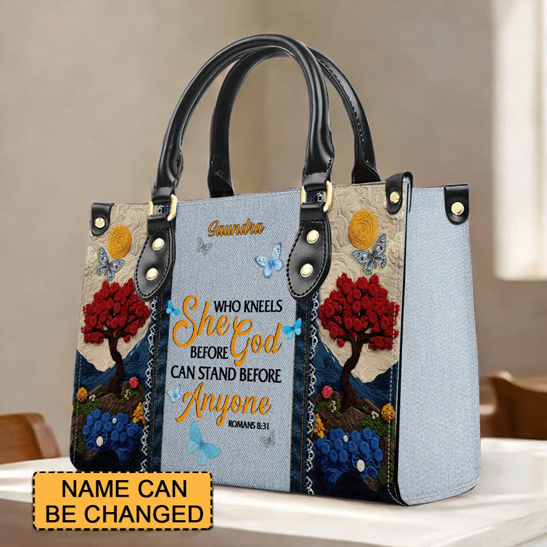 Christianartbag Handbags She Who Kneels Before God Romans 8 31 Embroidered Handbag – Christian apparel for women – Leather Ha
