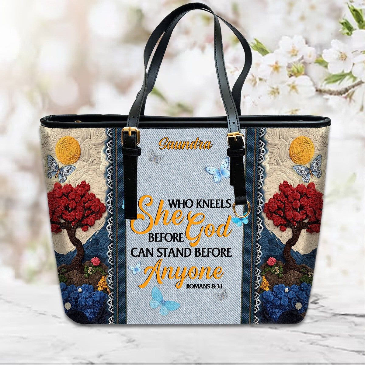 Christianartbag Handbags She Who Kneels Before God Romans 8 31 Embroidered Handbag – Christian apparel for women – Leather Bi