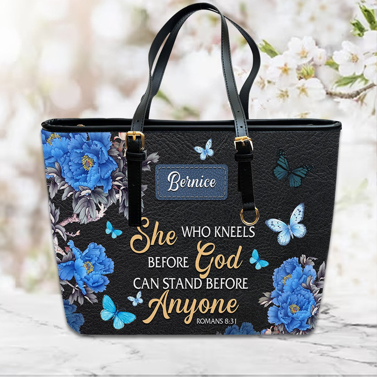 Christianartbag Handbags She Who Kneels Before God Romans 8 31 Handbag Design Monogram – Christian apparel for women – Leathe