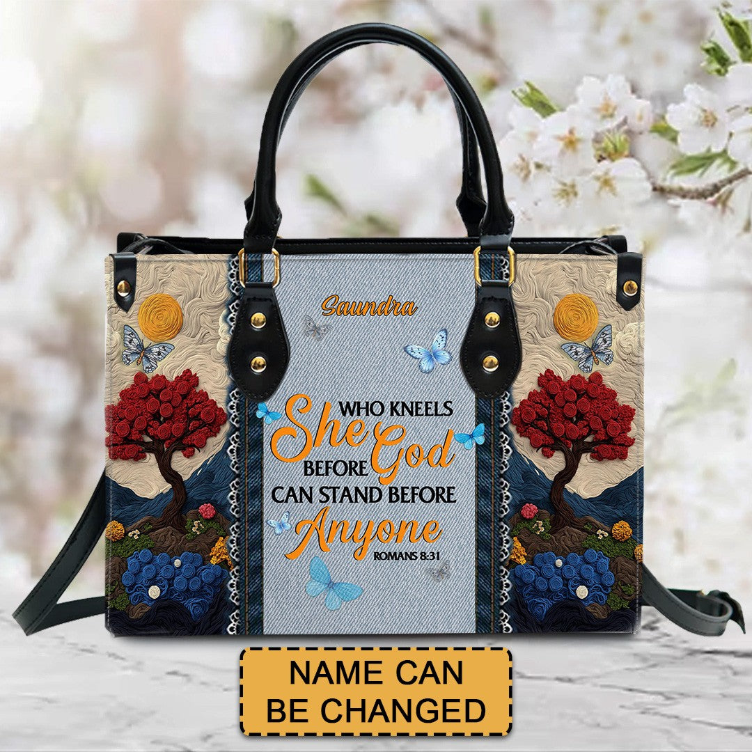 Christianartbag Handbags She Who Kneels Before God Romans 8 31 Embroidered Handbag – Christian apparel for women – Leather Ha