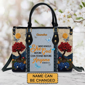 Christianartbag Handbags She Who Kneels Before God Romans 8 31 Embroidered Handbag – Christian apparel for women – Leather Ha