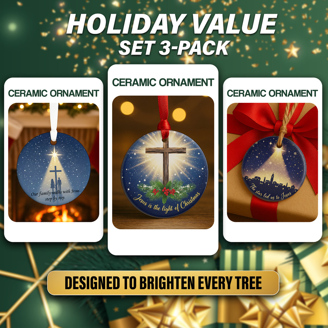 Religious Christmas Ornament 3-Pack – Christian Faith, Jesus Cross & Holy Family Ornaments, Ceramic Ornament Gift Set|ONMCB23