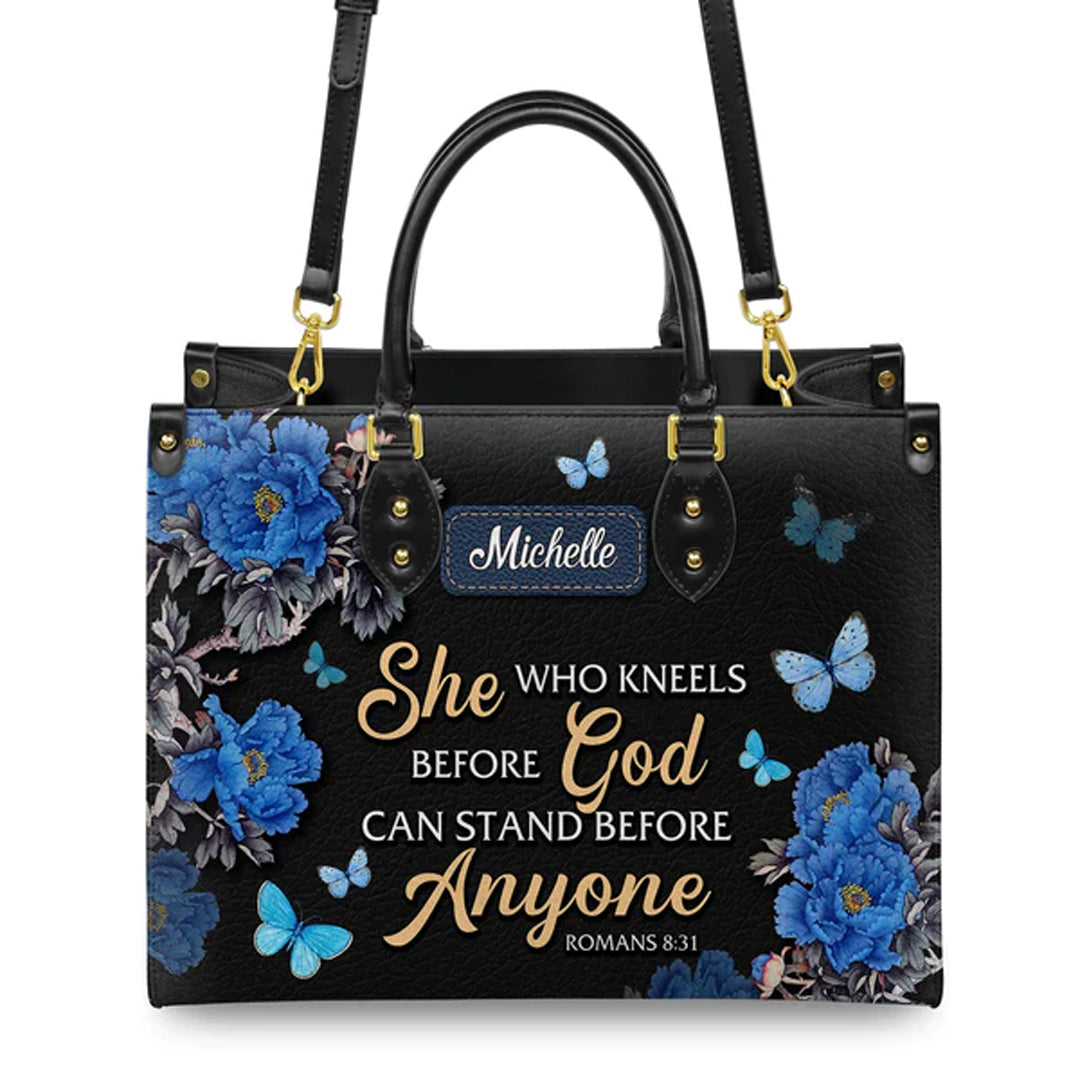 Christianartbag Handbags She Who Kneels Before God Romans 8 31 Handbag Design Monogram – Christian apparel for women – TOTE b
